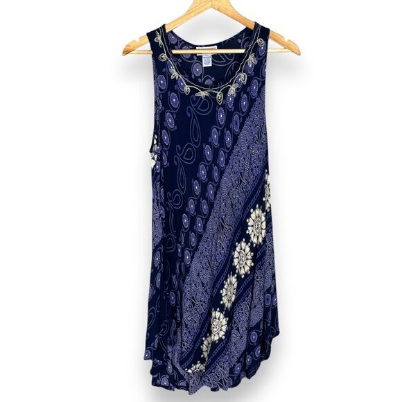 Boho Tunic Dress Purple Stripes Rayon Free‎ Size Sleeveless Hippie Embroidery - Picture 1 of 12